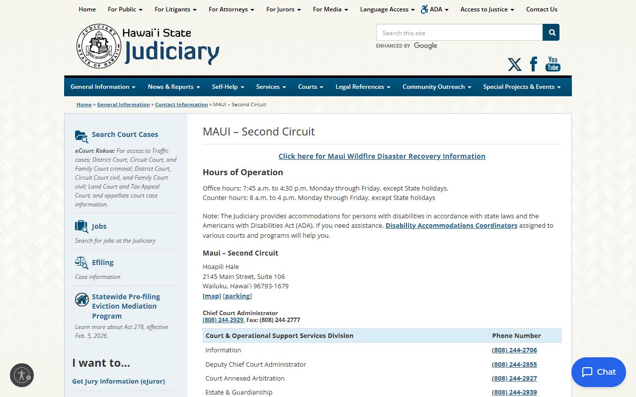 Hawaii State Judiciary contact page for Maui County bankruptcy records and court information