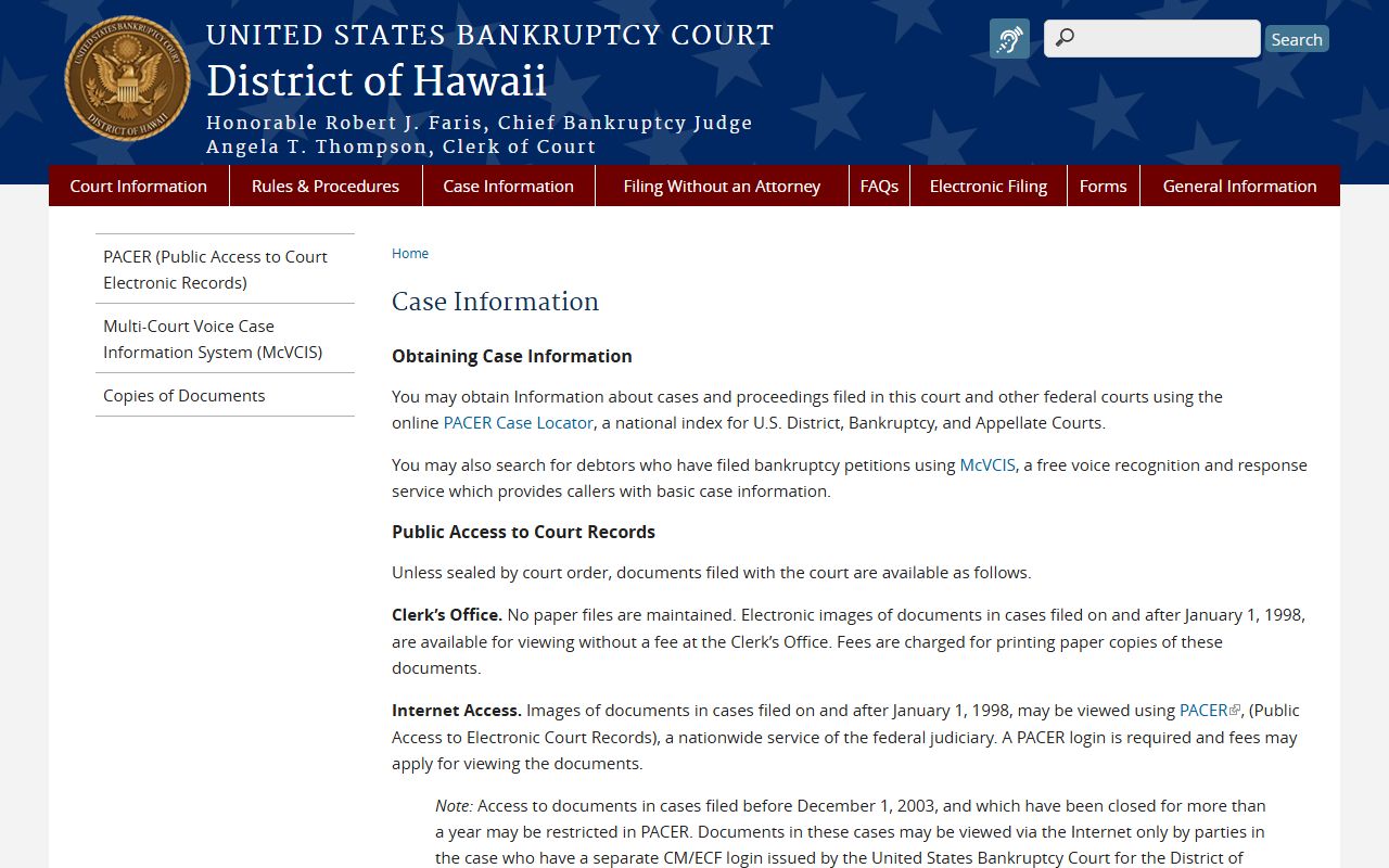 Case information and public access page for Hawaii bankruptcy records