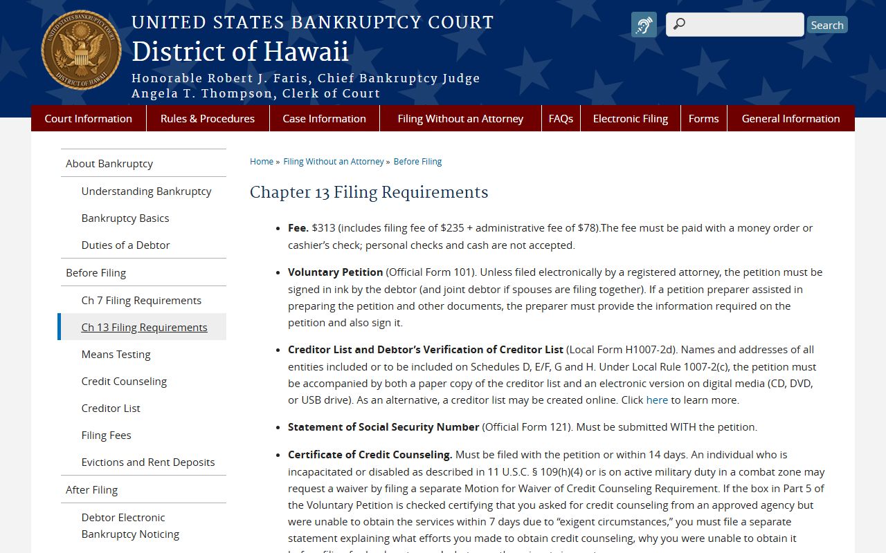 Chapter 13 filing requirements for Hawaii bankruptcy records
