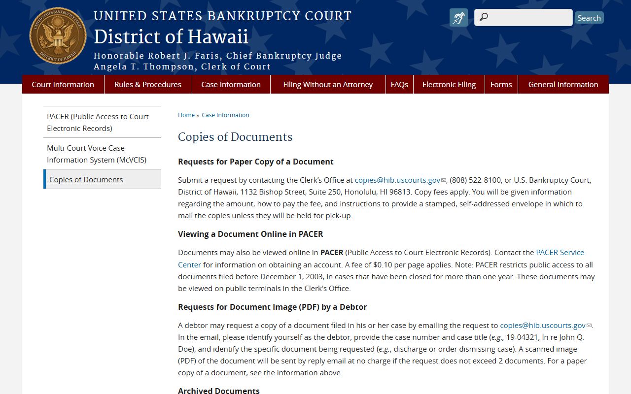 Copies of documents request procedures for Hawaii bankruptcy records