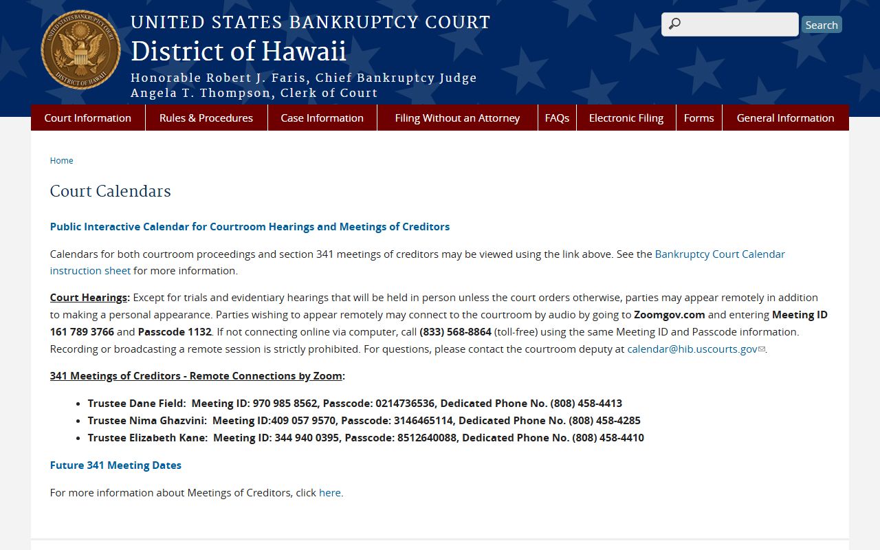 Court calendar and hearing information for Hawaii bankruptcy records
