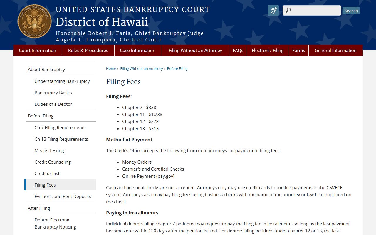 Filing fees schedule for Hawaii bankruptcy records