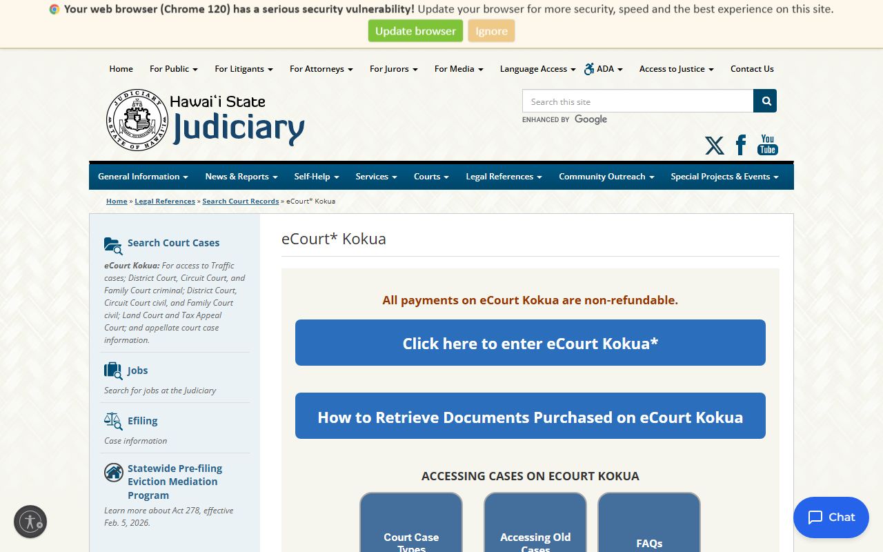 Hawaii State Judiciary eCourt Kokua system for records access