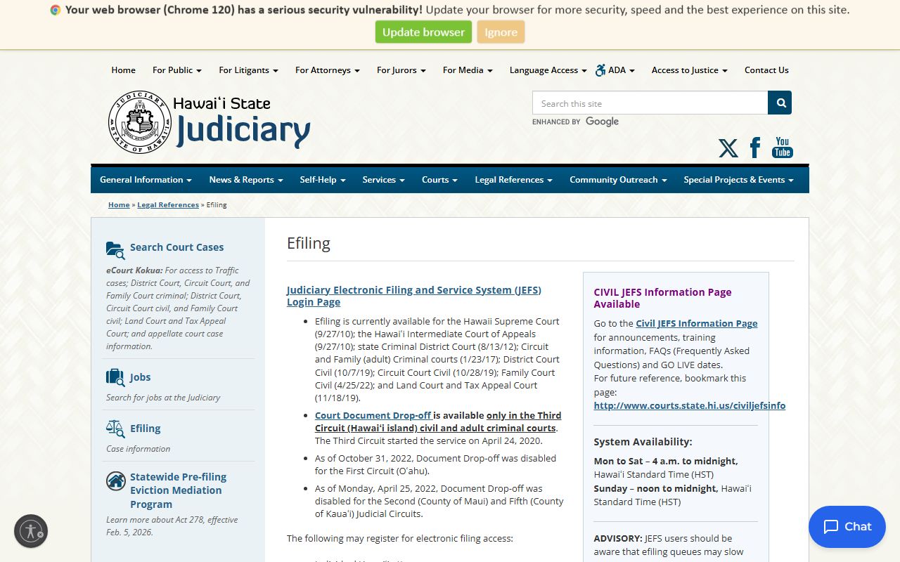 Hawaii State Judiciary JEFS electronic filing system