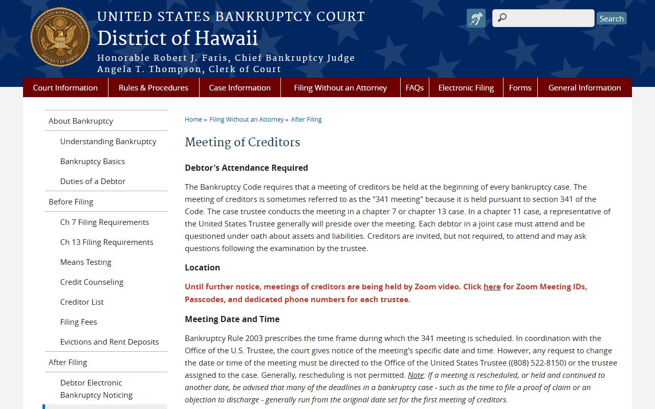 Meeting of creditors 341 information page for Hawaii bankruptcy records