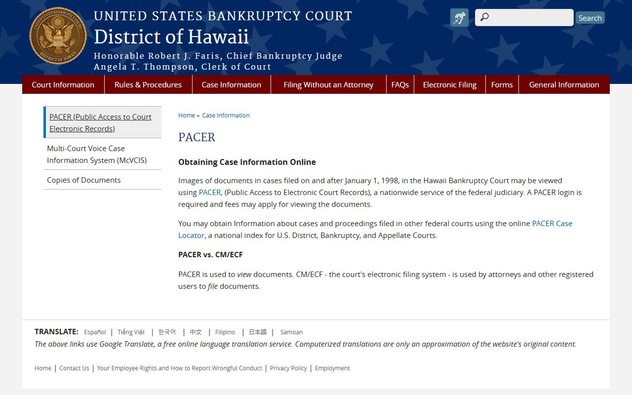 PACER public access page for Hawaii bankruptcy records with login details