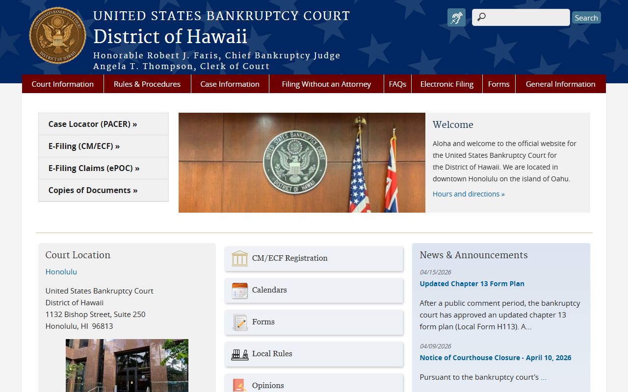 U.S. Bankruptcy Court for the District of Hawaii homepage showing Hawaii bankruptcy records access